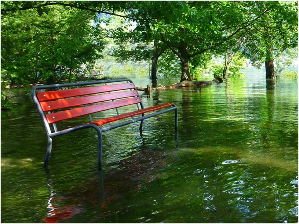 EARTH DAY RED PARK BENCH SURROUNDED BY WATER