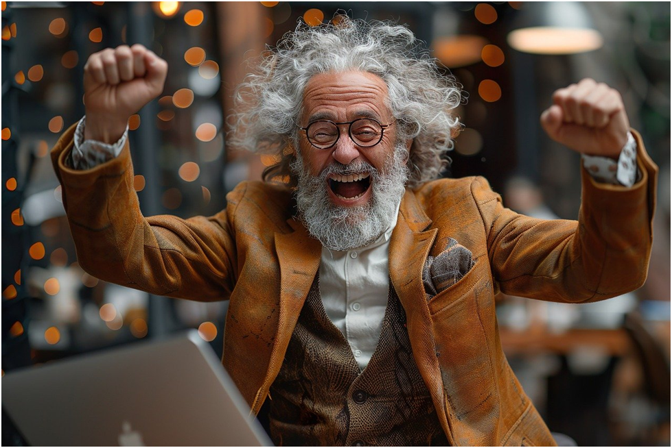 9-5 A mature man laughing with arms raised in a celebratory fashion